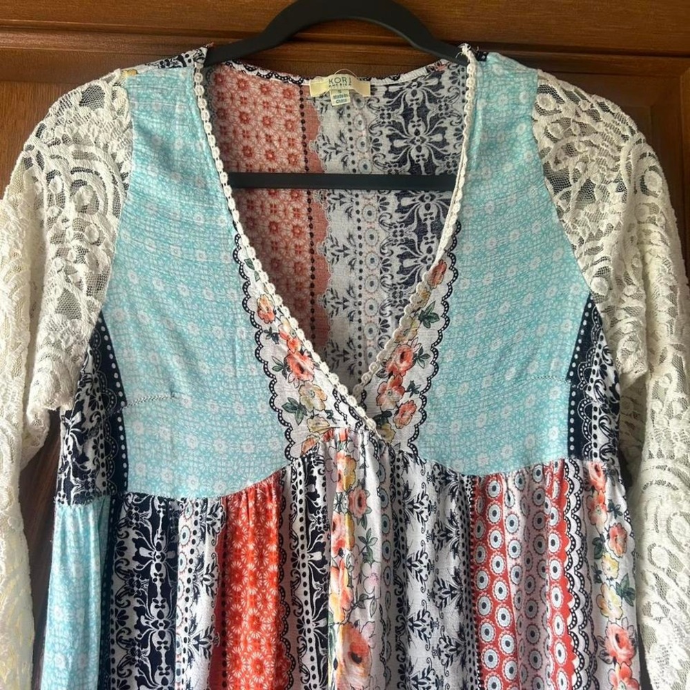 Kori America multi patchwork Lace top S lightweight women's - Picture 2 of 6